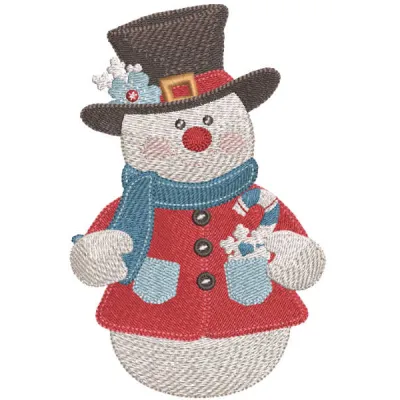 Vintage snowman in top hat embroidery design preview for Christmas stitching projects and holiday decor.