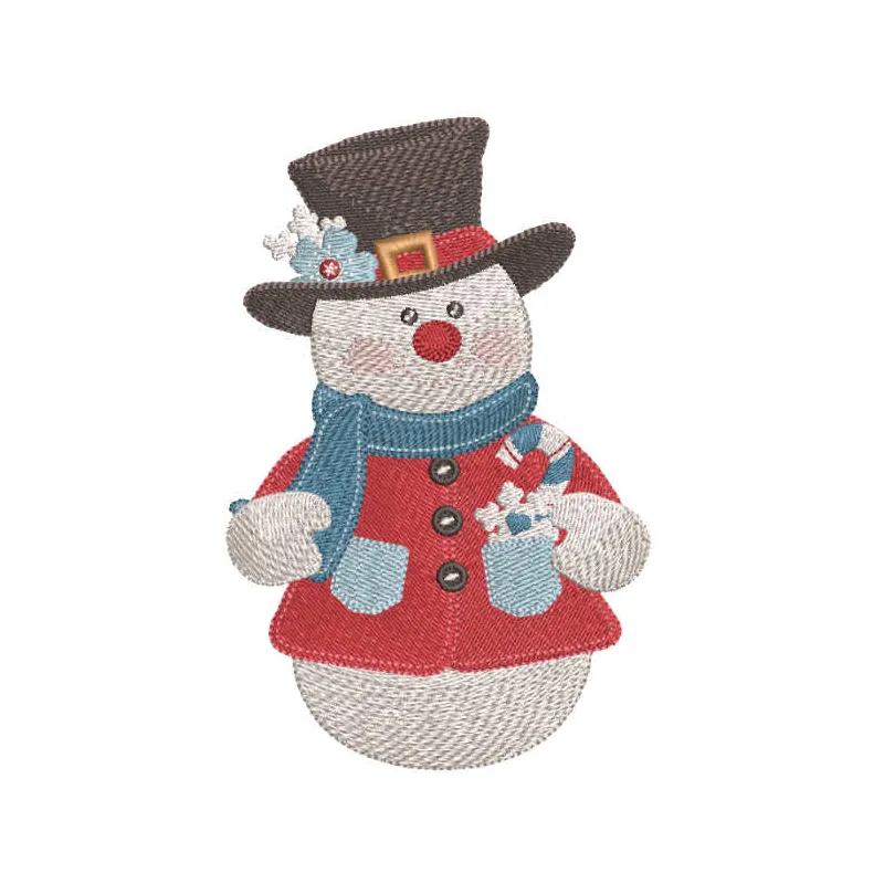Vintage snowman in top hat embroidery design preview for Christmas stitching projects and holiday decor.