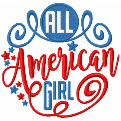 All American girl embroidery design showcasing a vibrant patriotic motif, perfect for t-shirts and hoodies.