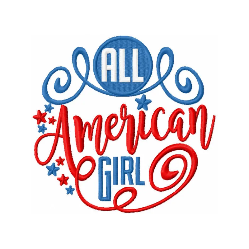 All American girl embroidery design showcasing a vibrant patriotic motif, perfect for t-shirts and hoodies.