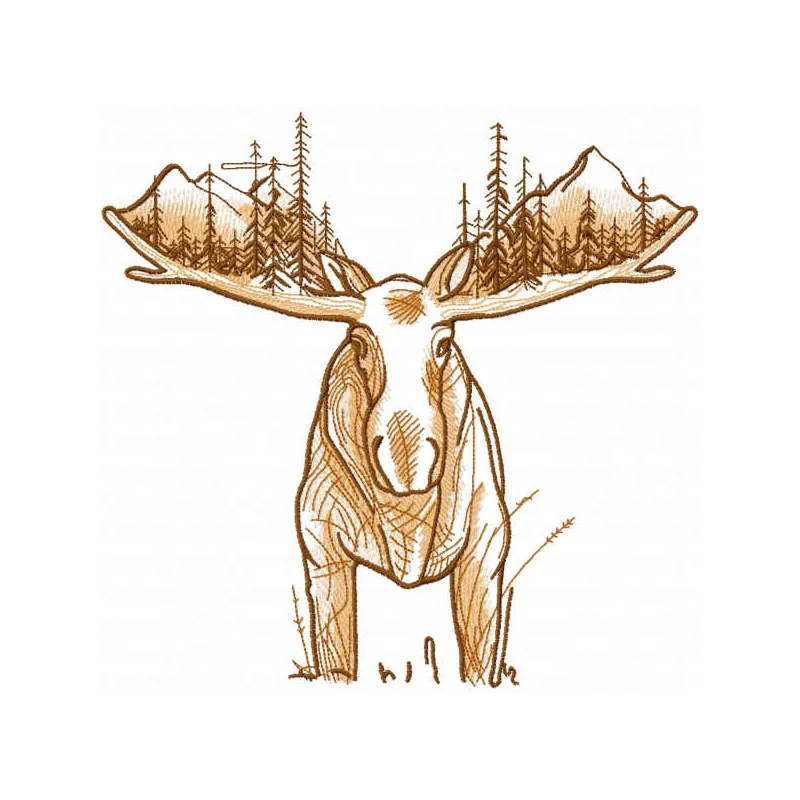 Moose world embroidery design showcasing a charming moose amidst woodland elements for creative stitching projects.