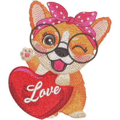 Corgi love embroidery design showcasing a playful corgi motif, ideal for stitching on t-shirts and tote bags.