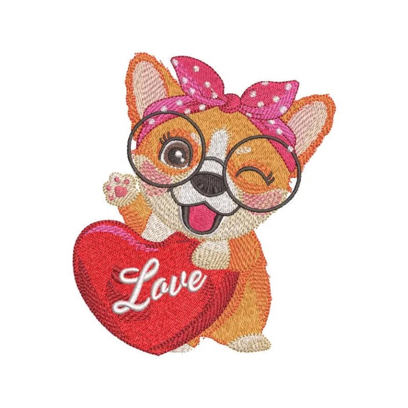 Corgi love embroidery design showcasing a playful corgi motif, ideal for stitching on t-shirts and tote bags.