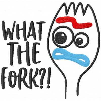 What the Fork? embroidery design featuring playful motifs inspired by Toy Story, perfect for creative stitching projects.
