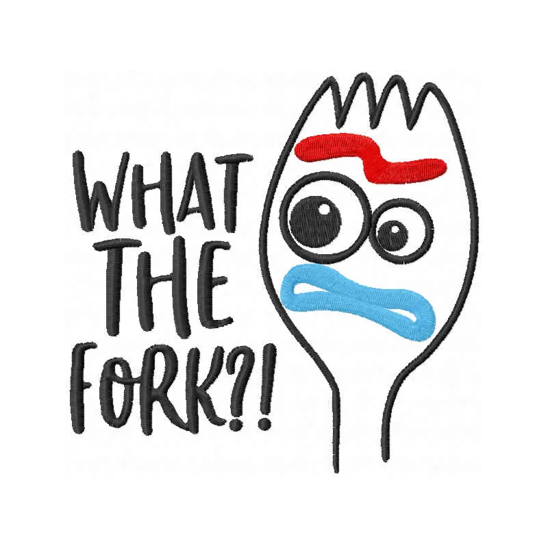 What the Fork? embroidery design featuring playful motifs inspired by Toy Story, perfect for creative stitching projects.