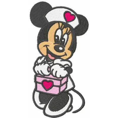Minnie Mouse nurse embroidery design featuring a cute motif, perfect for embellishing t-shirts or tote bags.