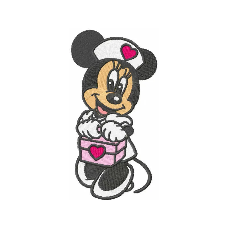 Minnie Mouse nurse embroidery design featuring a cute motif, perfect for embellishing t-shirts or tote bags.