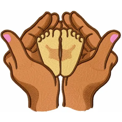 Little Feet In Hands embroidery design showcasing a heartwarming pattern for baby items like onesies and blankets.