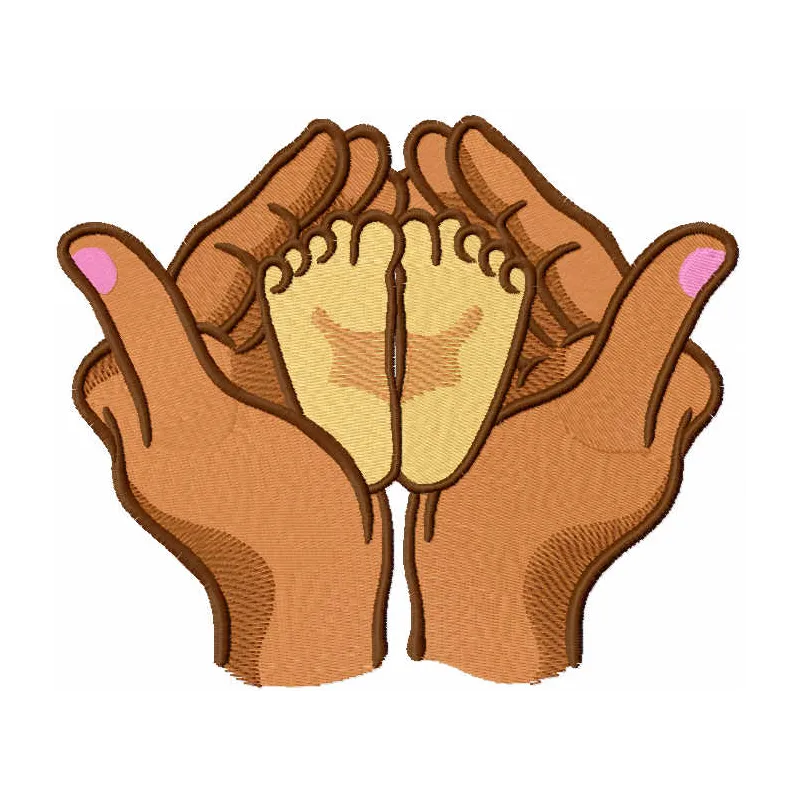 Little Feet In Hands embroidery design showcasing a heartwarming pattern for baby items like onesies and blankets.