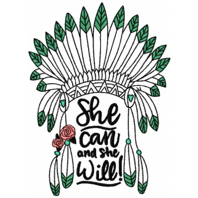 Preview of 'She Can and She Will' embroidery design featuring Native American motifs for stitching on various fabrics.