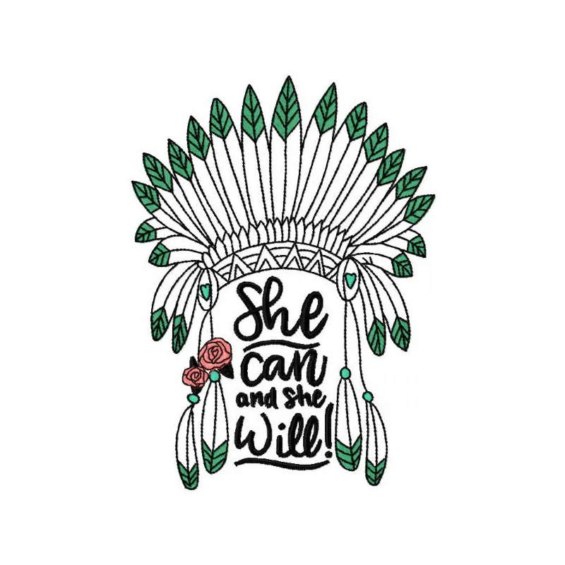 Preview of 'She Can and She Will' embroidery design featuring Native American motifs for stitching on various fabrics.