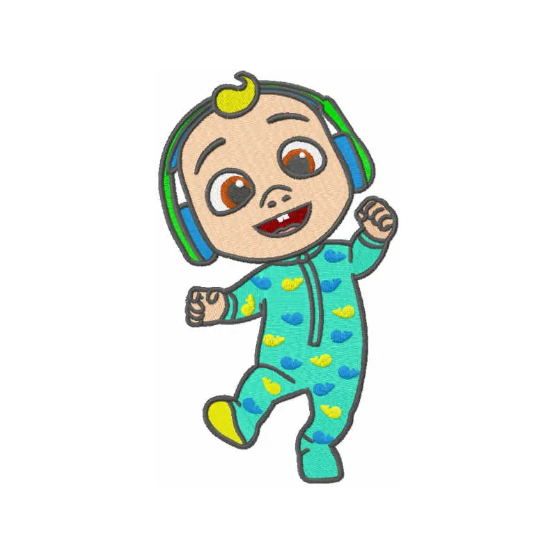 Baby Johny Cocomelon embroidery design showcasing colorful stitching patterns for baby onesies and towels.