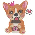 Embroidery design of a playful princess corgi enjoying coffee, perfect for dog lovers and crafters.