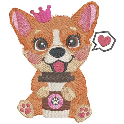 Embroidery design of a playful princess corgi enjoying coffee, perfect for dog lovers and crafters.