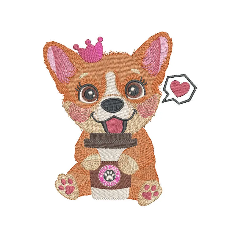 Embroidery design of a playful princess corgi enjoying coffee, perfect for dog lovers and crafters.