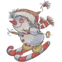 Snowman skiing embroidery design showcasing a cheerful snowman gliding down the slopes, perfect for winter projects.