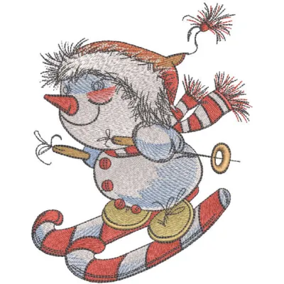 Snowman skiing embroidery design showcasing a cheerful snowman gliding down the slopes, perfect for winter projects.