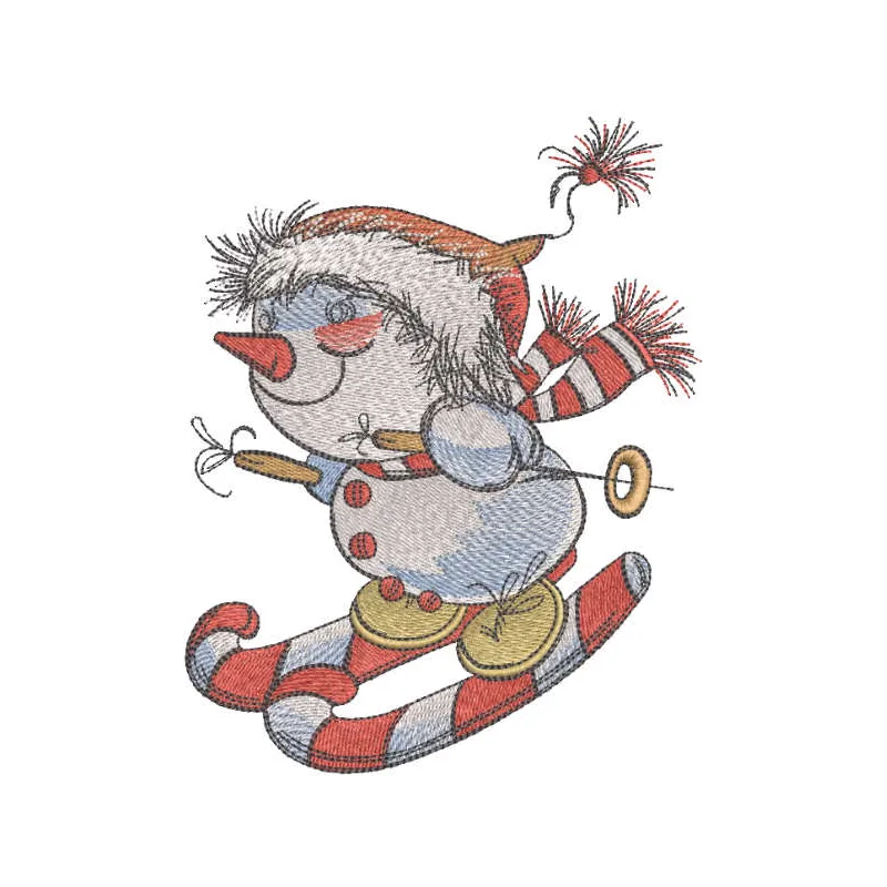 Snowman skiing embroidery design showcasing a cheerful snowman gliding down the slopes, perfect for winter projects.