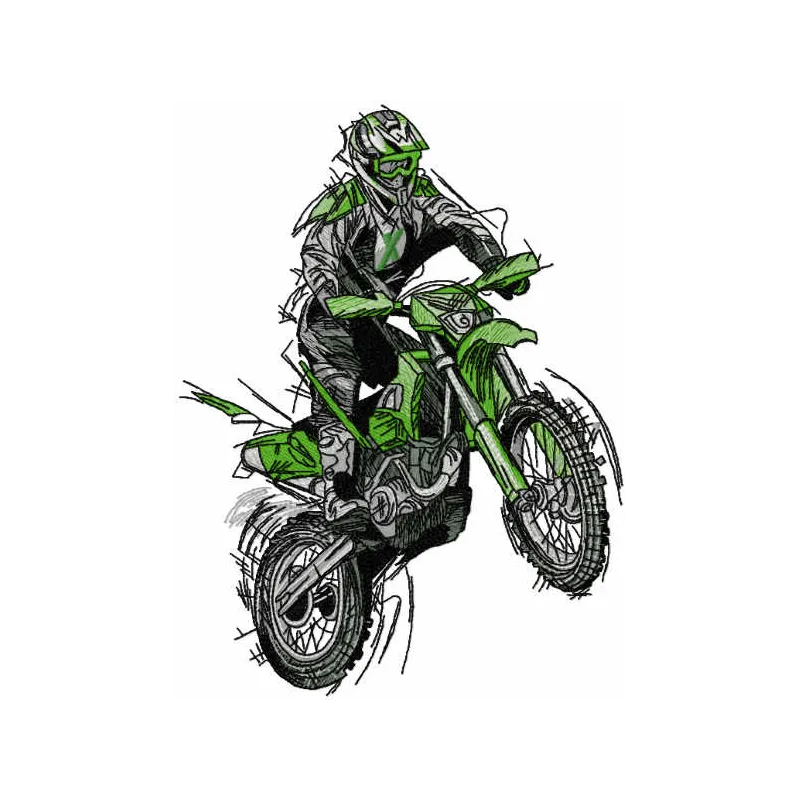 Preview of the X biker embroidery design featuring a dynamic motorcycle motif for stitching on apparel and accessories.