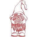 Embroidery design of a red Christmas dwarf surrounded by vibrant flowers, ideal for festive stitching projects.