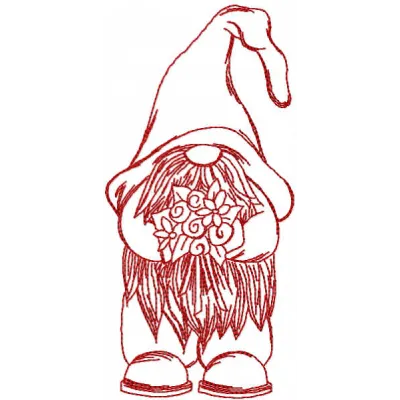 Embroidery design of a red Christmas dwarf surrounded by vibrant flowers, ideal for festive stitching projects.