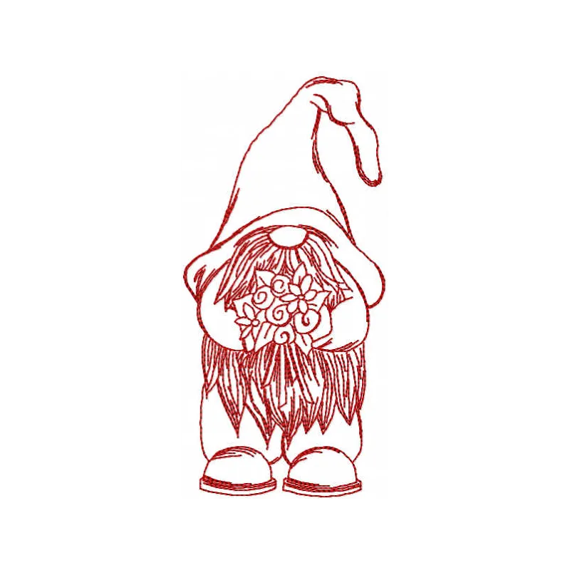 Embroidery design of a red Christmas dwarf surrounded by vibrant flowers, ideal for festive stitching projects.
