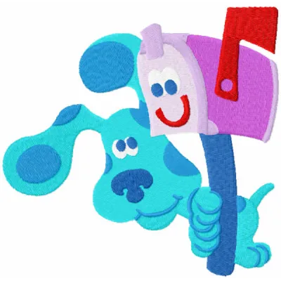 Embroidery design featuring Blues Clues and a mailbox, perfect for creating fun stitched motifs on various items.