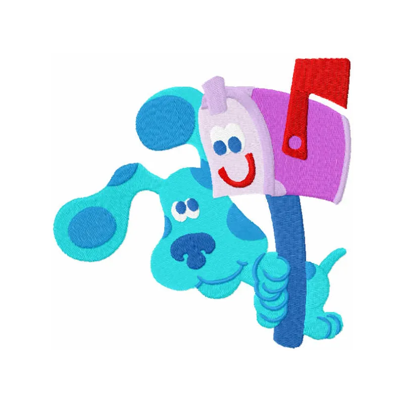 Embroidery design featuring Blues Clues and a mailbox, perfect for creating fun stitched motifs on various items.