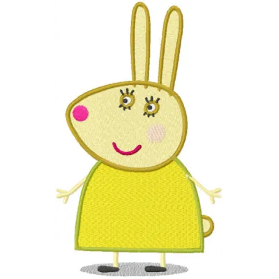 Rebecca Rabbit embroidery design showcasing a playful motif inspired by Peppa Pig, perfect for kids' apparel.