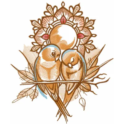 Loving swallows embroidery design showcasing intricate bird motifs, perfect for decorating t-shirts and tote bags.
