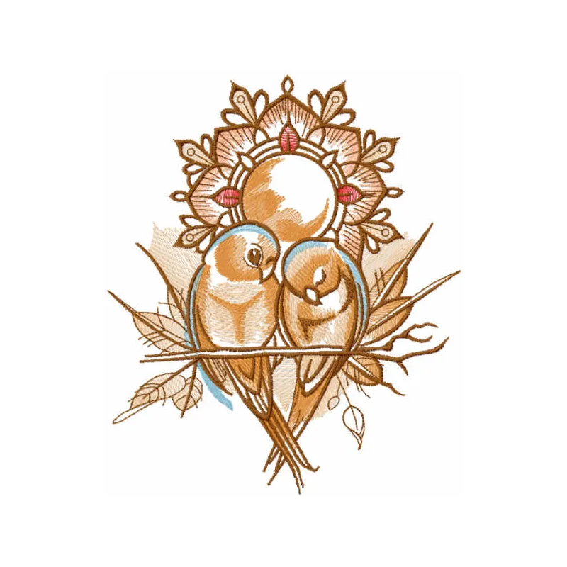 Loving swallows embroidery design showcasing intricate bird motifs, perfect for decorating t-shirts and tote bags.