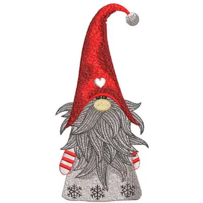 Charming Christmas dwarf embroidery design showcased on a festive backdrop, perfect for seasonal stitching projects.