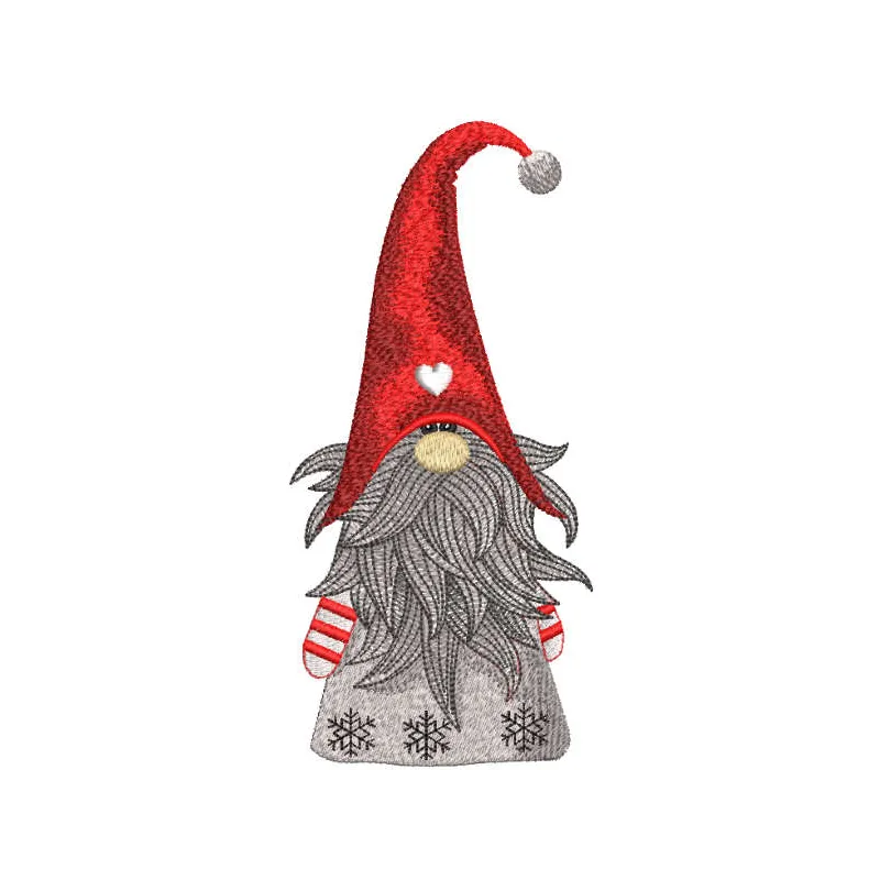 Charming Christmas dwarf embroidery design showcased on a festive backdrop, perfect for seasonal stitching projects.