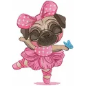 Pug dog ballerina embroidery design showcasing a charming pug in a ballet pose, ideal for various stitching projects.