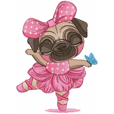 Pug dog ballerina embroidery design showcasing a charming pug in a ballet pose, ideal for various stitching projects.