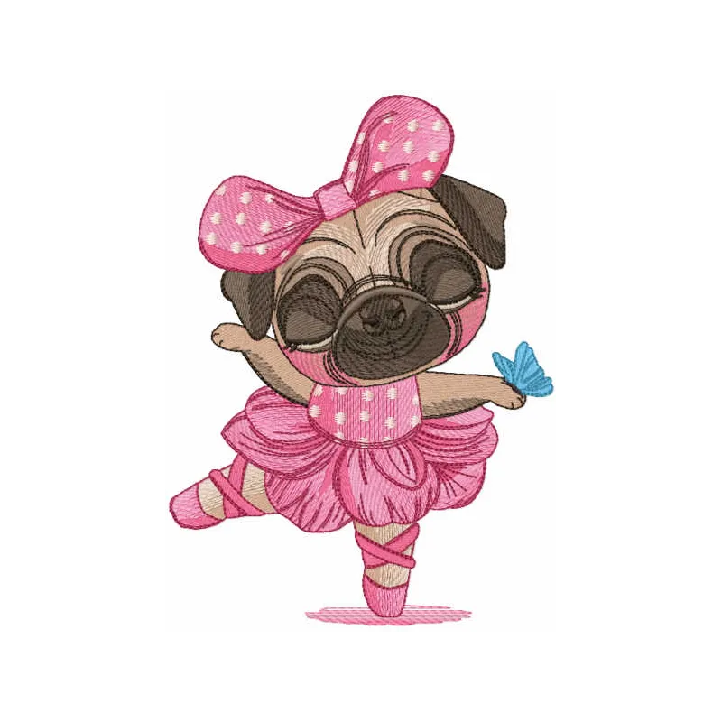 Pug dog ballerina embroidery design showcasing a charming pug in a ballet pose, ideal for various stitching projects.
