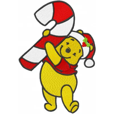 Embroidery design featuring Winnie the Pooh holding stick candy for Christmas, ideal for festive projects.