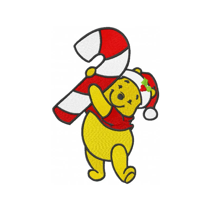 Embroidery design featuring Winnie the Pooh holding stick candy for Christmas, ideal for festive projects.