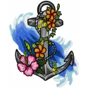 Embroidery design featuring an old anchor surrounded by vibrant flowers, perfect for nautical-themed projects.