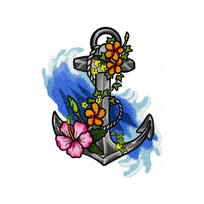 Embroidery design featuring an old anchor surrounded by vibrant flowers, perfect for nautical-themed projects.