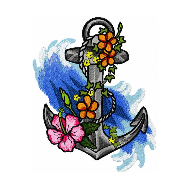 Old anchor in flowers embroidery design - Embroidery Design