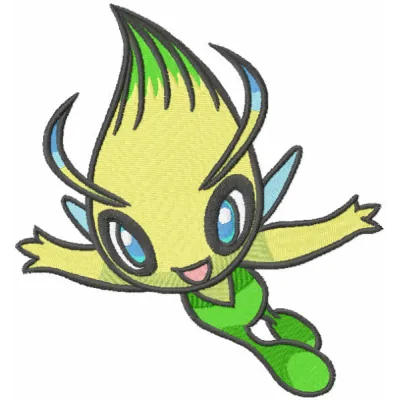 Celebi embroidery design showcasing a whimsical Pokemon motif, ideal for stitching on t-shirts or tote bags.