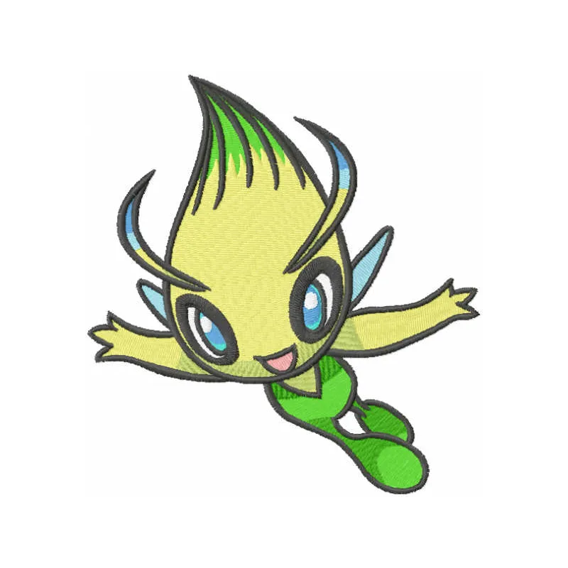 Celebi embroidery design showcasing a whimsical Pokemon motif, ideal for stitching on t-shirts or tote bags.