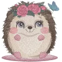 Embroidered design of a hedgehog adorned with a wreath of roses, ideal for charming crafts and gifts.