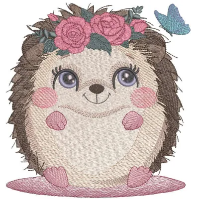 Embroidered design of a hedgehog adorned with a wreath of roses, ideal for charming crafts and gifts.