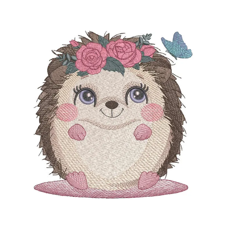 Embroidered design of a hedgehog adorned with a wreath of roses, ideal for charming crafts and gifts.