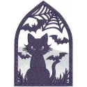 Black cat and bats embroidery design for Halloween, showcasing a whimsical stitched motif perfect for festive projects.