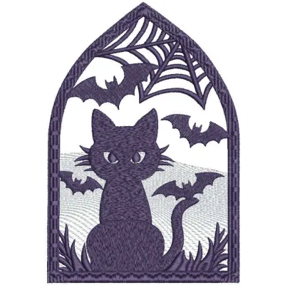 Black cat and bats embroidery design for Halloween, showcasing a whimsical stitched motif perfect for festive projects.