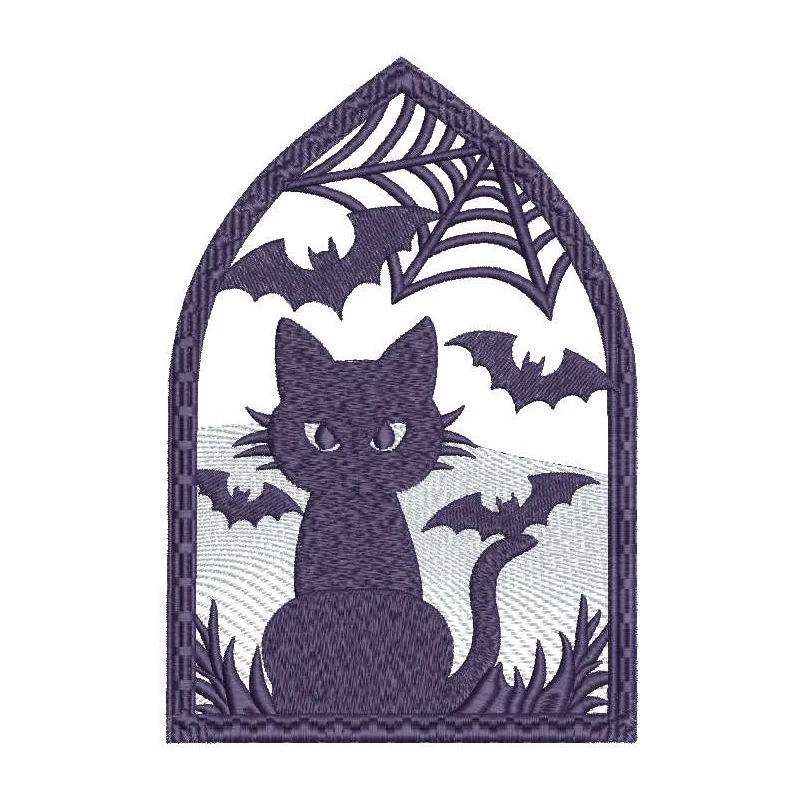 Black cat and bats embroidery design for Halloween, showcasing a whimsical stitched motif perfect for festive projects.
