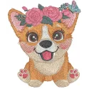 Adorable Corgi with a flower wreath embroidery design, perfect for stitching on t-shirts or tote bags.